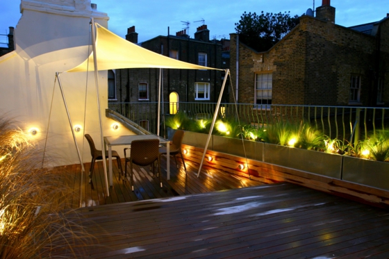 βεράντα σχεδιασμός ιδέες βεράντα ξύλινα σκίαστρα κήπο φωτισμός χωνευτό φωτισμό