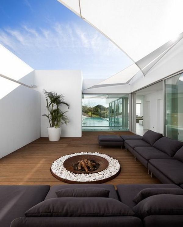 terrace design modern enclosed fireplace hearth sofa