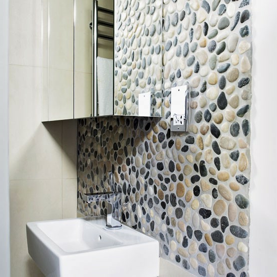 textures pebbles wall design mirror sinks