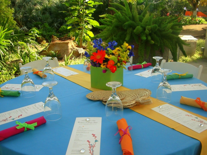 bord dekoration blå duge farvede servietter
