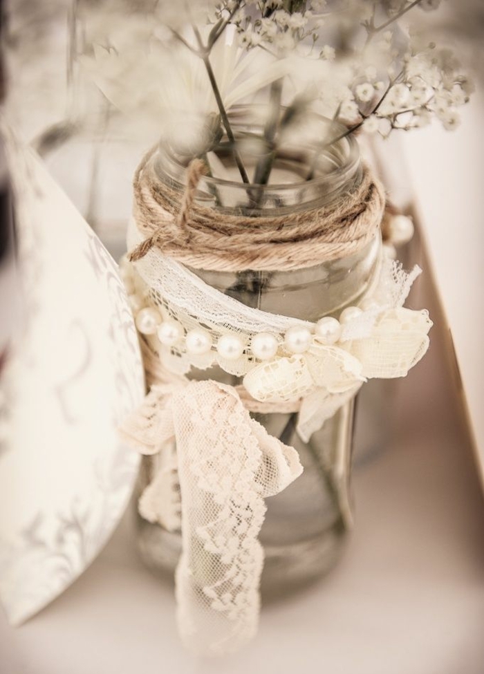 επιτραπέζια διακόσμηση γάμου floral diy diy βάζο μαστοριά χάντρες δαντέλα δαντέλα