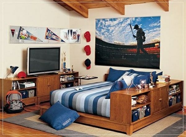 Idéer ungdomsrum drenge seng tv opbevaringsrum tæppe
