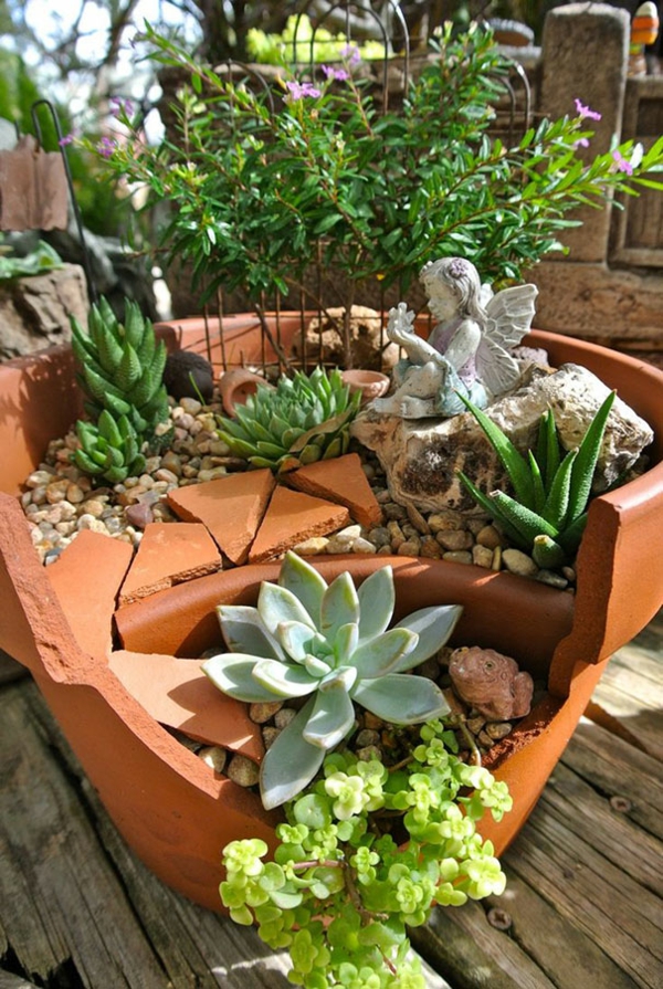plantes en pot créatif jardinage cassé plantes d'intérieur argile cailloux succulents
