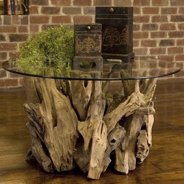 tafel koffietafel bouwen driftwood glas rond
