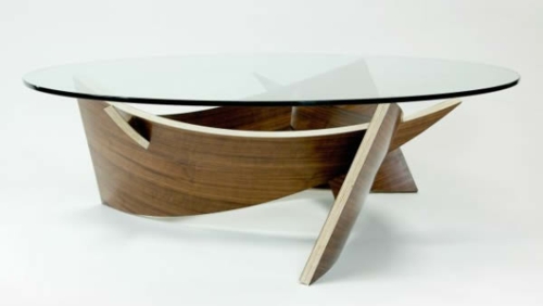 table à café branché à la mode plaque en verre piédestal en bois