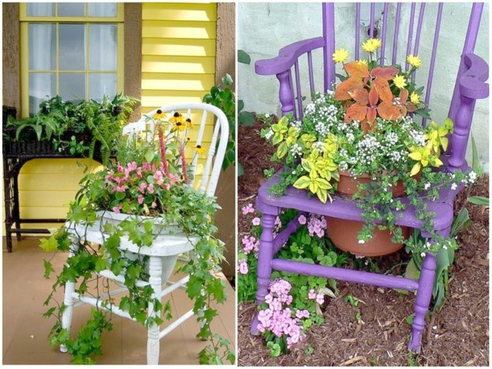 ucycling ιδέες κήπου ξύλινες καρέκλες καθίστανται στάσεις λουλουδιών
