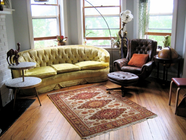 vintage muebles salón alfombra amarillo sofá sillón