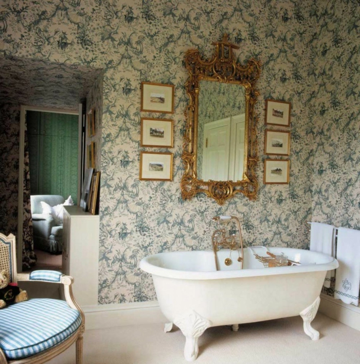 vintage tapetti kylpyhuone seinä suunnittelu ideoita kylpyamme seinäpeili