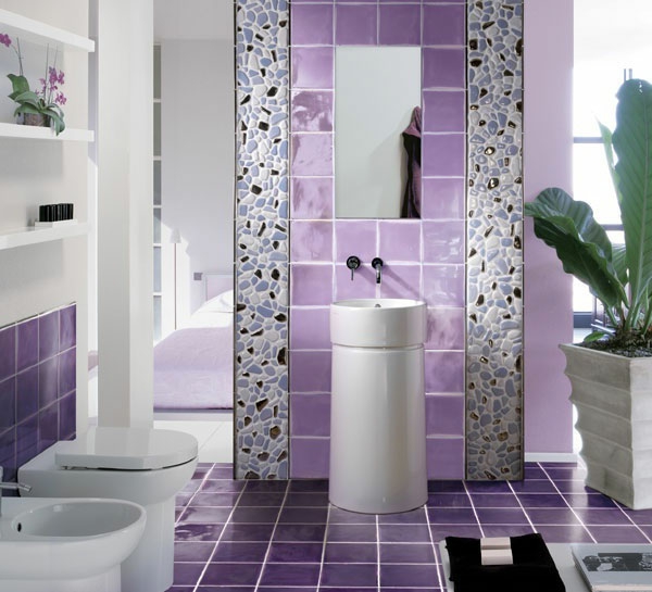 紫色瓷砖浴室水槽女人味