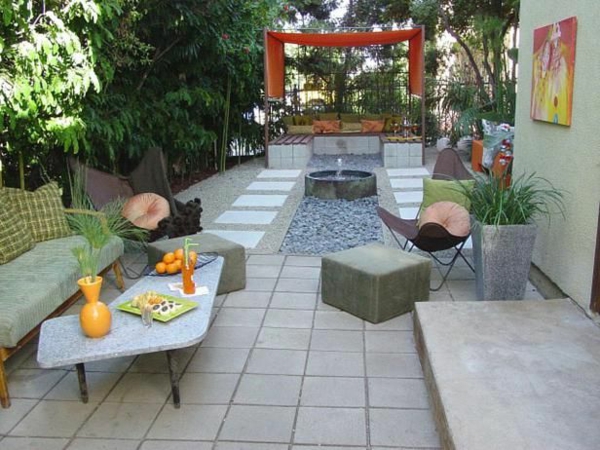 conception de jardin moderne pavé de pierre meubles de jardin caractéristique de l'eau