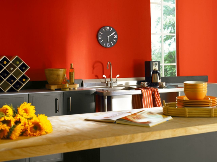 τοίχο χρώμα κουζίνας τοίχους χρώμα ιδέες κουζίνα κόκκινα λουλούδια ράφι κρασιού