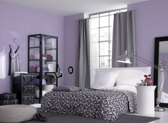 muren verf ideeën slaapkamer licht paars grijs tapijt