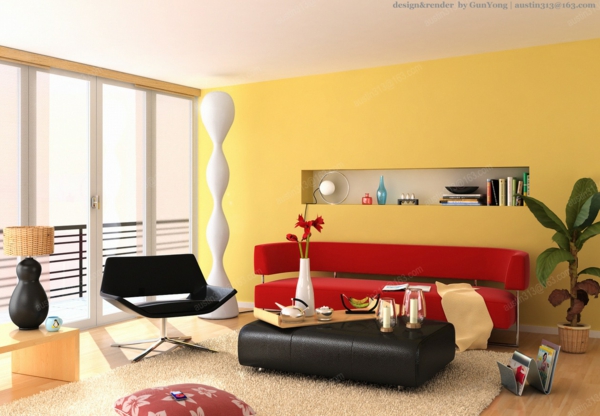 muren verf ideeën woonkamer geel fris helder