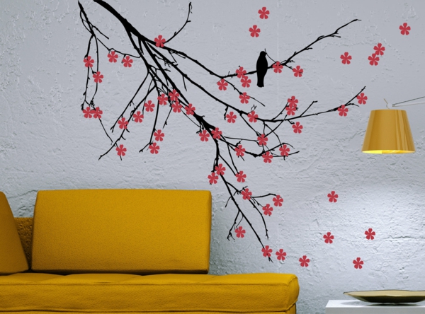 muren verf ideeën woonkamer gele frisse sofa patroon