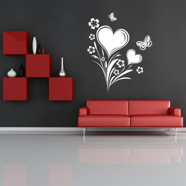 muren verf ideeën woonkamer sjabloon patroon hart rood