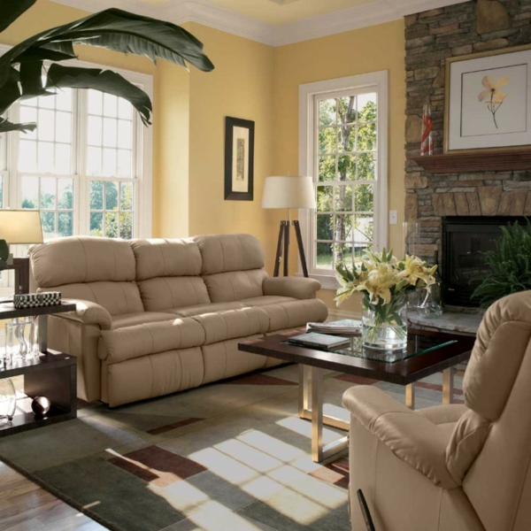 wall ideas living room plant leather sofas