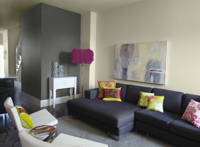seinämaalaukset olohuone harmaa kulma sohva heittää tyyny matto kuvio