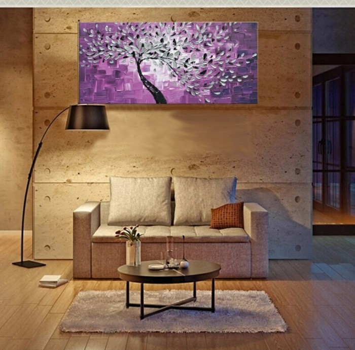 seinämaalaukset olohuone violetti sävyt lattialaatat puu