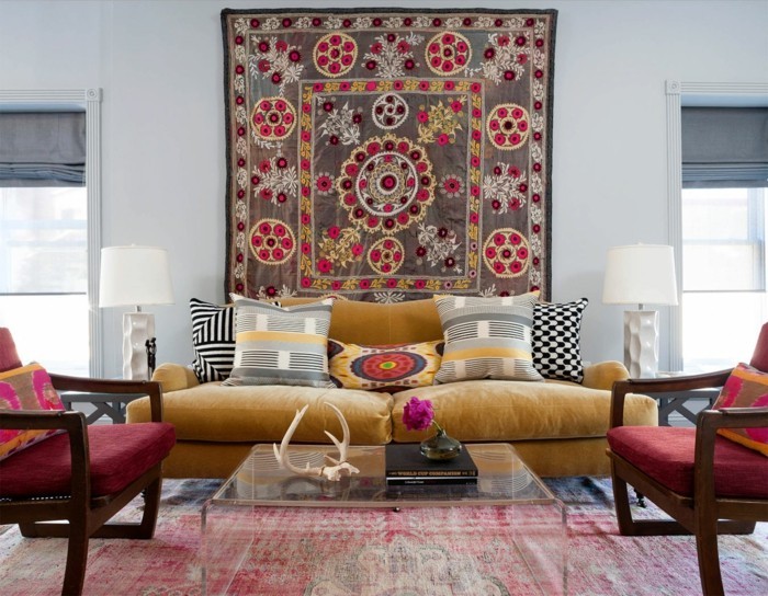 stěny dekorace nápady koberec barevné obývací pokoj nábytek