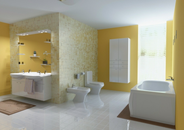 墙面漆浴室明亮柔和的黄色墙面砖