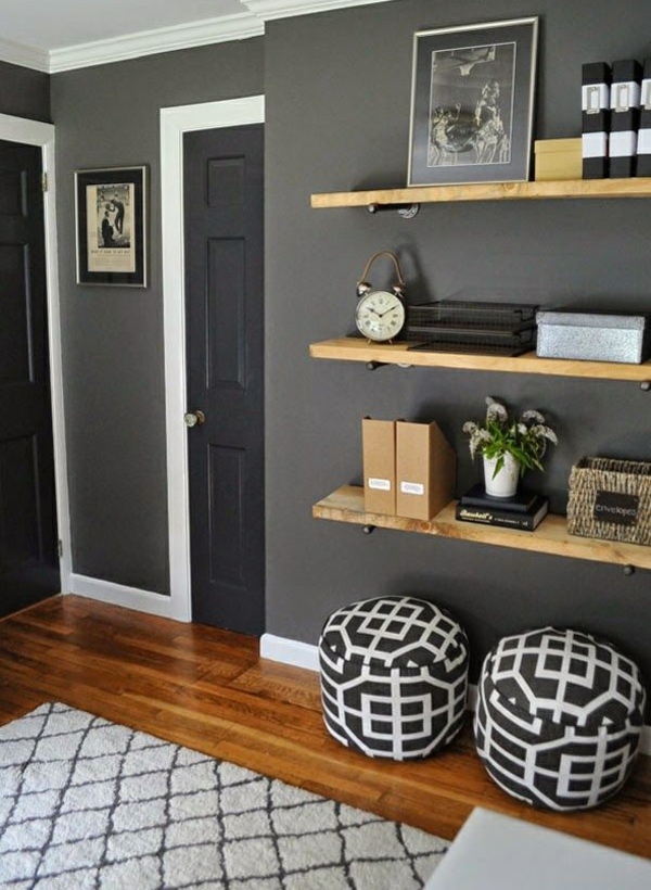 pared pintura gris mobiliario sala de estar estantes de pared madera