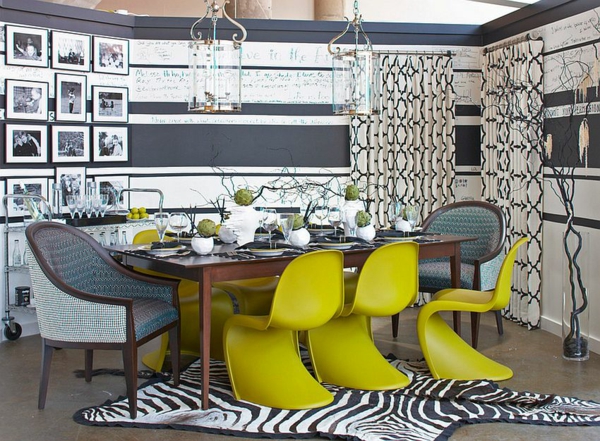 wall color gray dining room panton chairs apple green