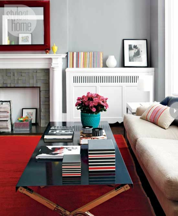 τοίχο βαφές greys σαλόνι design κόκκινο χαλί τζάκι