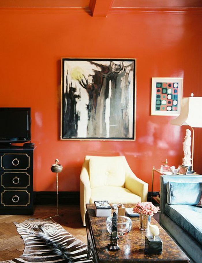 idées de couleur de mur tangerine tapis de zèbre salon