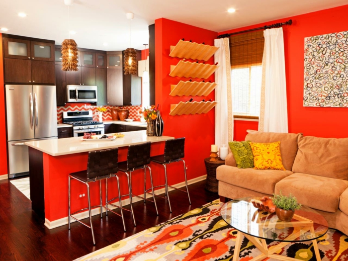 sienų dažų idėjos virtuvės oranžinės atviro plano