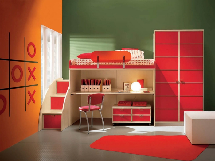 seinämaalausideat lapset huone oranssi seinä vihreä aksentti seinä punainen elementtejä