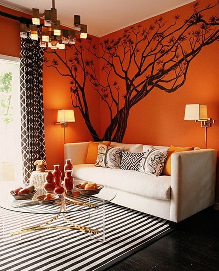 sienų dažų idėjos oranžinės svetainės kambario dryžuotas kilimas