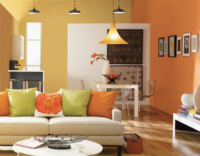 muurverf ideeën woonkamer gekleurde muren oranje