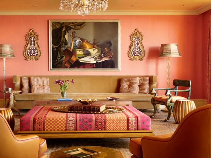 nástěnné barvy nápady obývací pokoj marocký styl oranžové stěny