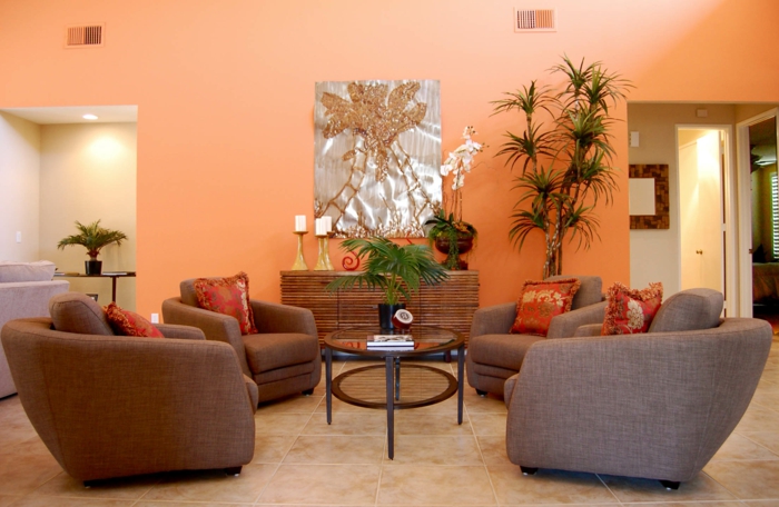 væg maling ideer stue oransje vægge plante