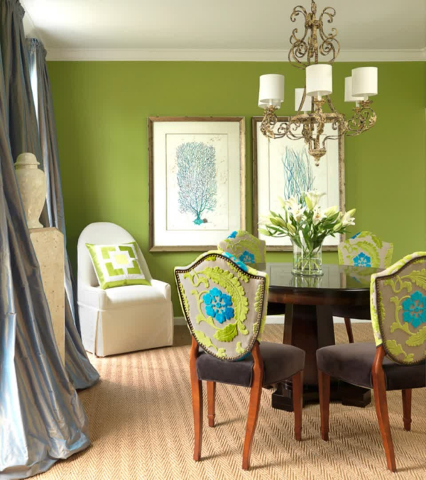 wall paint wall design green chandelier dining table