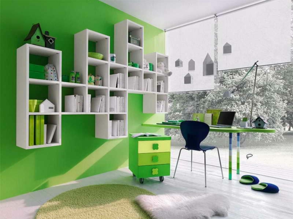 pintura de pared color verde ideas diseño de pared estantes modulares
