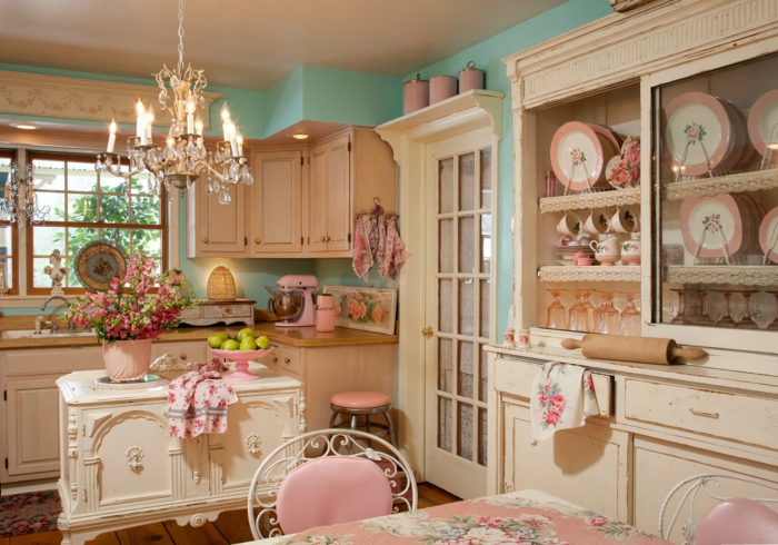 τοίχο χρώμα κουζίνα πράσινο shabby κομψό στυλ ροζ accents μεγάλο κηροπήγιο