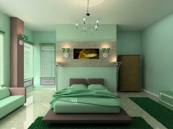 seinämaali minttu vihreä makuuhuoneen seinät maalata vuodevaatteet seinään sconces