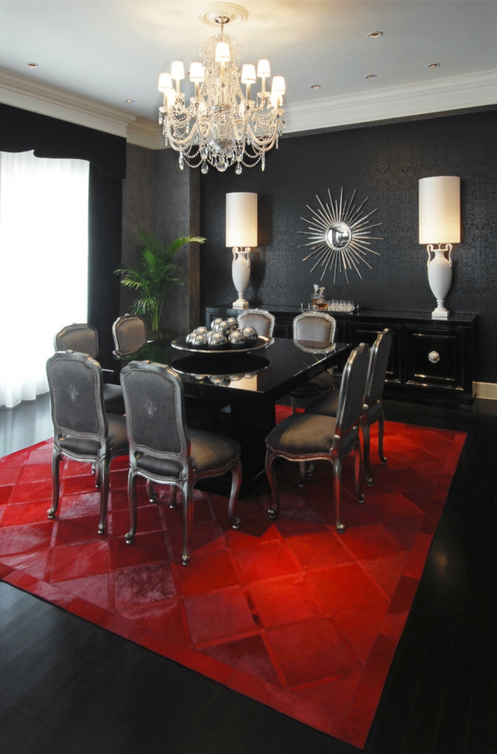 стена боядисан черна трапезария създаден червен килим черен под