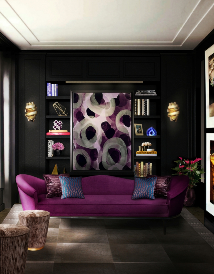 τοίχο χρώμα μαύρο μωβ καναπέ σαλόνι έπιπλα ιδέες φωτισμού