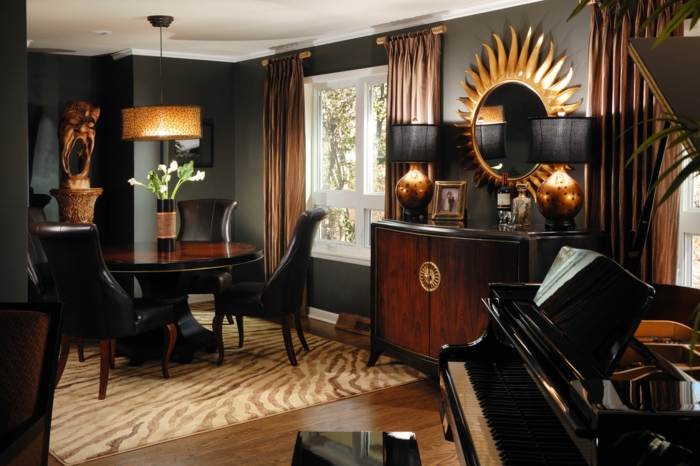 veggmaling svart stue møbler ideer spisestue hengende lampe elegant teppe