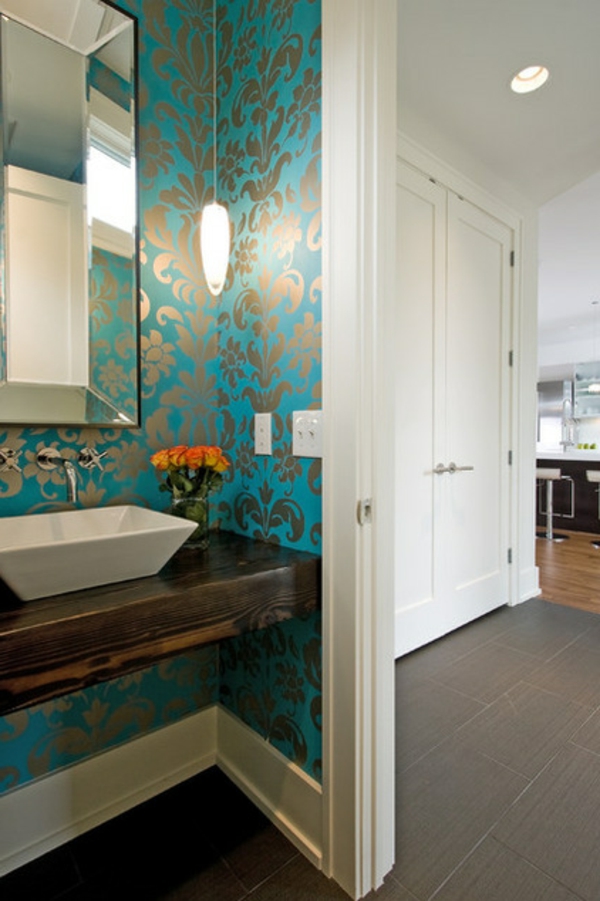 muurverf turquoise badkamer patroon behang
