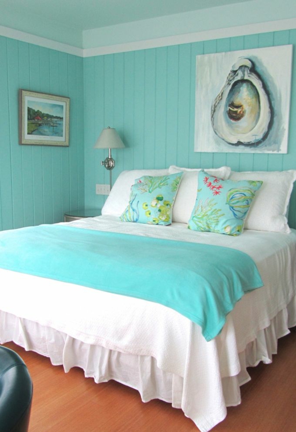 nástěnné barvy nápady azurová postel ložnice