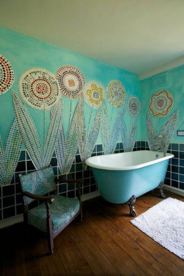 墙壁颜色想法深蓝马赛克浴缸