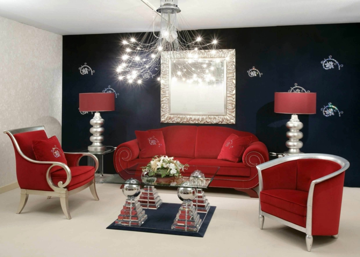 墙壁颜色想法客厅红色家具黑口音墙壁玻璃桌