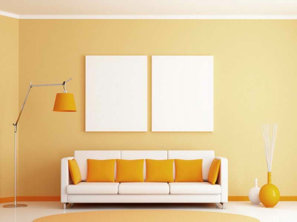 wandkleuren woonkamer warme kleur pastel kleuren geel