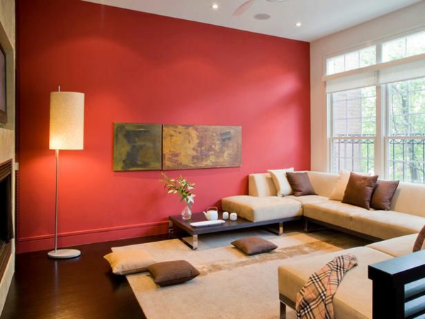muurkleuren woonkamer warme kleur rode accentmuur