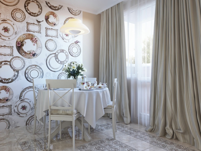 wall decoration dining room wall wallpaper long curtains floor tiles