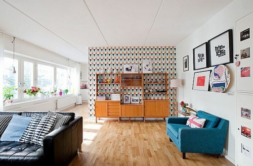 veggdesign geometrisk mønster stue design ideer retro stil