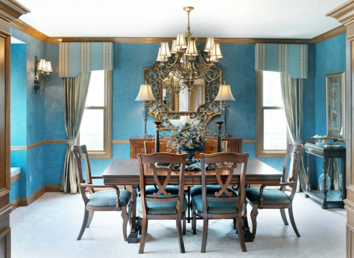 stěny design nápady modrá jídelna stěny dlouhé závěsy krásné tabulky dekorace